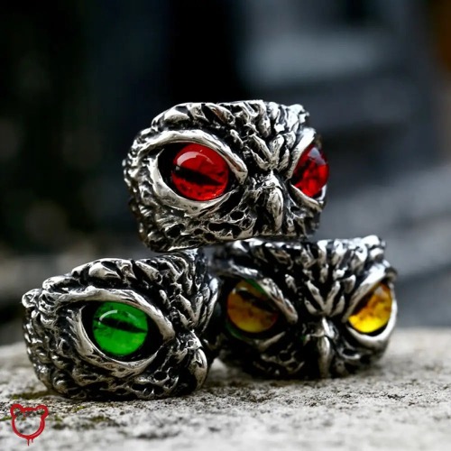 Stainless Owl Ring Alternative - 7 / BR8-908-red