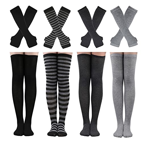 Barrlves 2/4 Sets Womens Striped Knee High Socks Long Knitted Arm Warmers Fingerless Gloves for Halloween Costume - 4sets Solid Black+white+deepgrey+grey