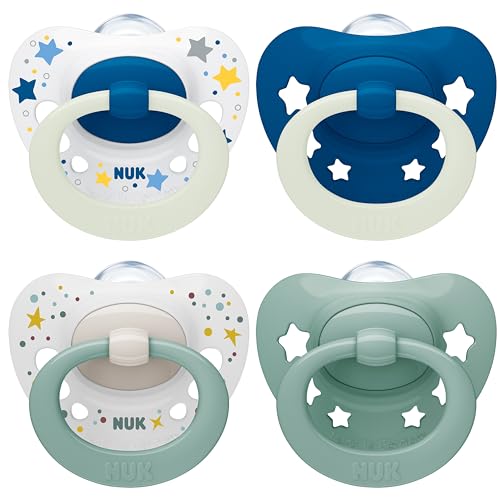 NUK Signature Day & Night Baby Dummy 0-6 months Soothes 95% of Babies Heart-Shaped BPA-Free Silicone Soothers Glow-in-the-Dark Stars 4 Count - Blue - 0-6m