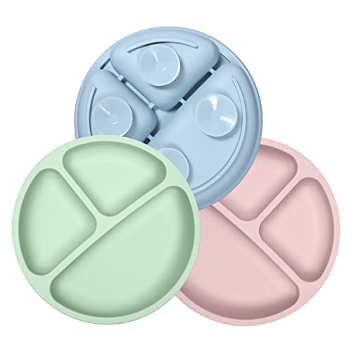 Bobeen Baby Suction Plate, 3 Packs Food-Grade Silicone Baby Weaning Plate - BPA Free - Non Slip - for Independent Feeding from Toddler