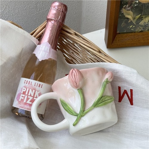 Floral Handpainted Mugs - Pink tulips