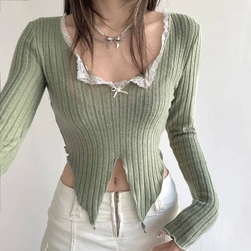 Green Cozy Fairy Grunge  V-neck Y2k Knitted Lace Cropped Top - Olive Green / L