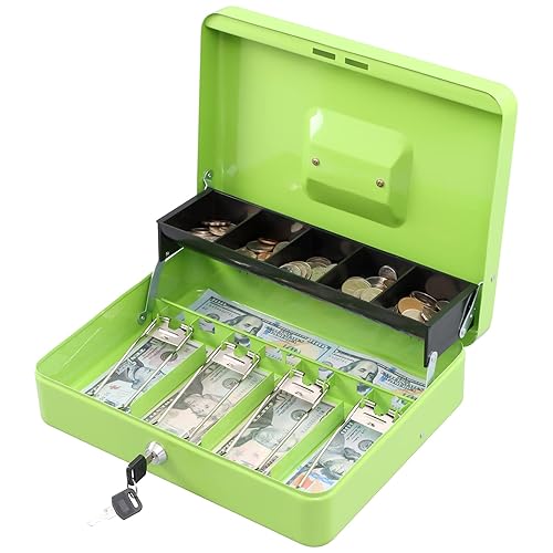 KYODOLED Locking Cash Box with Lock,Money Box with Cash Tray,Lock Safe Box with Key Money Saver,Money Saving Organizer,11.81Lx 9.45Wx 3.54H Inches,Limegreen XL Large - Limegreen Key Lock