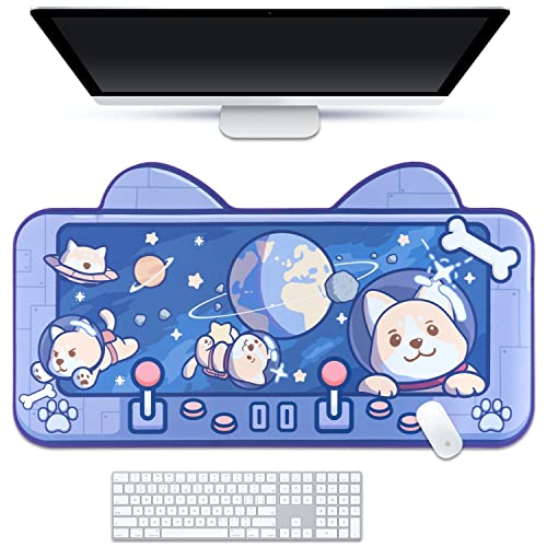 BelugaDesign Space Dog Desk Mat | Blue Cute Pastel Large Astronaut Mouse Pad | Anime Animal Shiba Inu Cartoon Kawaii Keyboard Gaming Mousepad | Desk Blotter Protector - Purple