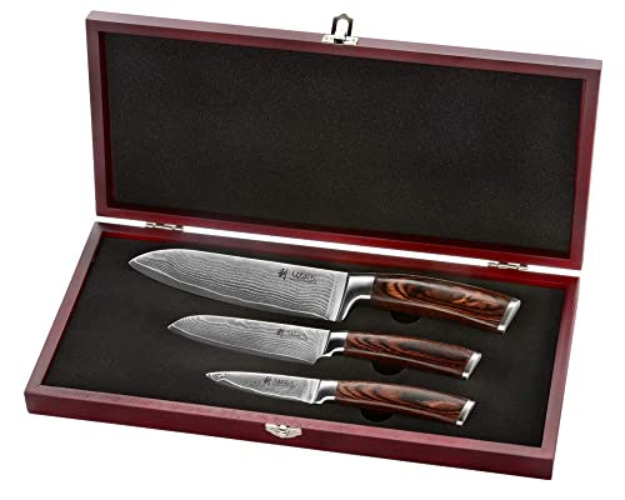 Wakoli Edib 3er Damastmesser-Set mit Klingenlängen von 8,50-17cm extrem scharf gefertigt aus 67 Lagen mit VG10 Kern I Profi Küchenmesser Set aus echtem Damaststahl mit Pakkaholzgriffen in Holzbox