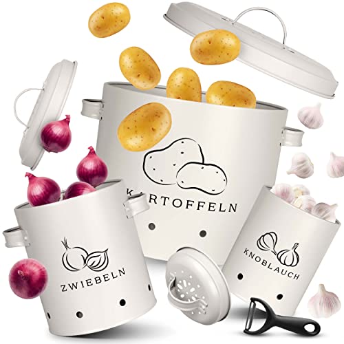 TWOBERRY Kartoffel Aufbewahrungsbox [3er Set] inkl. Sparschäler- längere Haltbarkeit durch 360° Luftzirkulation-ideale Zwiebel Aufbewahrung Kartoffel Aufbewahrung & Knoblauch Aufbewahrung (Weiß) - Weiß