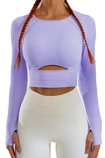 QINSEN Workout Crop Tops for Women Seamless Ribbed Long Sleeve GMY Yoga Athletic Shirt