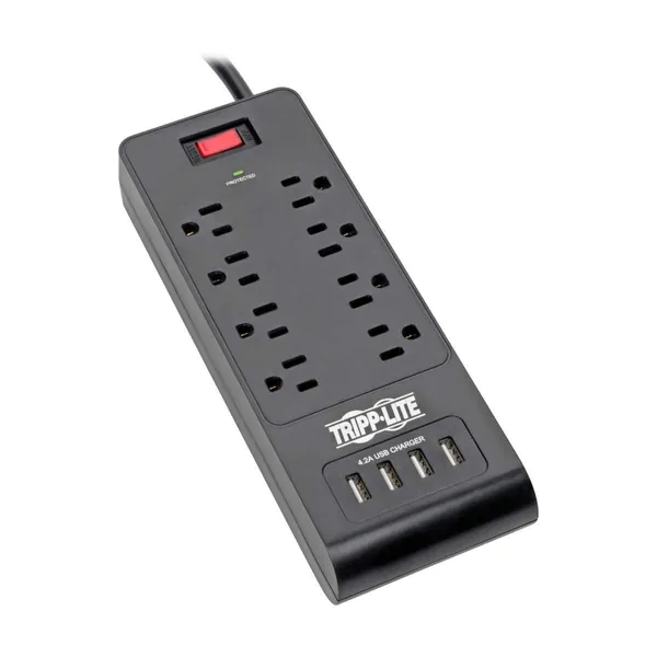 Tripp Lite Home Office Surge Protector with USB Charging, 8 Outlet Surge Protector Power Strip, 4 USB Ports, 6ft Cord, 1800 Joules, Black (TLP864USBB)