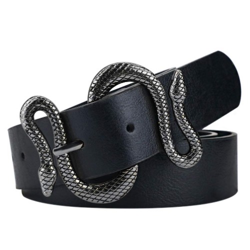 Belts for Women,Women Fashion Leather Belt for Dress with Snake Belt Buckle - Black+black Buckle waist28.6"-32.6"