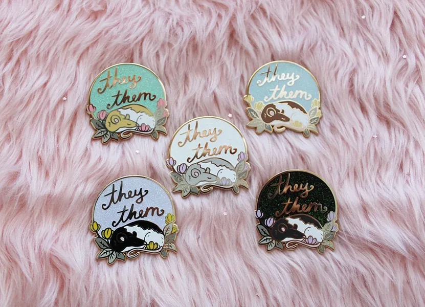 They/Them Pronoun Hard Enamel Pins Glitter Pride Rats
