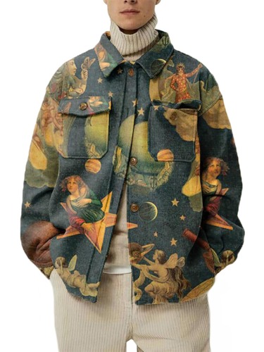 Aelfric Eden Mens Casual Van Gogh Printed Knit Sweater Unisex Open Front Cardigan Button-Down Hoodie Colorblock Outwear Coats