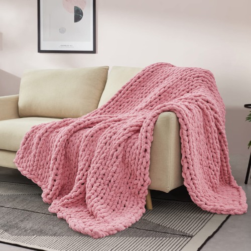 Sunyrisy Chunky Knit Throw Blanket, Luxury Soft Cozy Chenille Throw Blanket, Large Throw Bed Blanket for Couch, Sofa, Home Decor,Gift - Machine Washable (Light Pink 50x60 in)