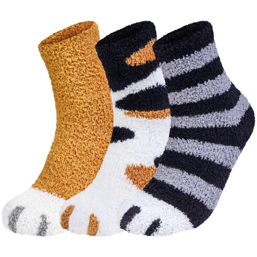 Loritta 3 Pairs Womens Fuzzy Socks Winter Warm Fluffy Soft Slipper Home Sleeping Cute Animal Socks - Y-multicolored Cat Paw