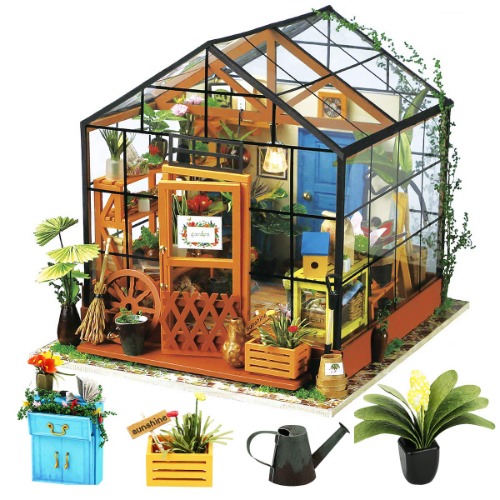 Rolife DIY Miniature house Kit,Green House with Furniture and LED,Wooden Dollhouse Kit,Gifts for Teens and Adults - 