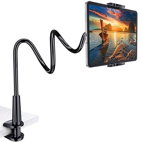 Gooseneck Tablet Holder Stand for Bed: Tryone Adjustable Flexible Arm Tablets Mount Clamp on Table Compatible with iPad Air Mini | Galaxy Tabs | Kindle Fire | Switch or Other 4.7-10.5" Devices(Black) - Black