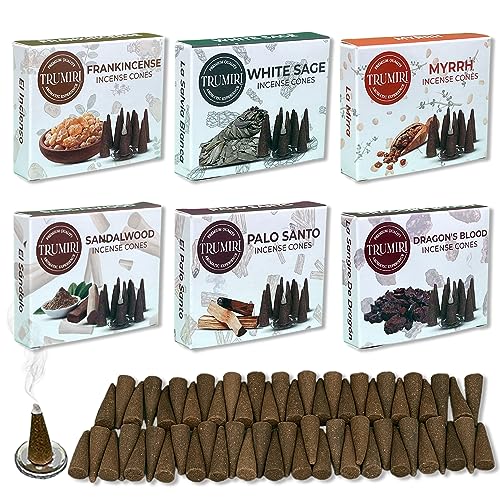 Trumiri Woody Incense Cones - Variety Pack - Total 60 Cone Incense (6 Scents x 10 Conos) - White Sage, Palo Santo, Dragons Blood, Sandalwood - Cone Incense Scents - Insense Cones - Incent Cone - Woody