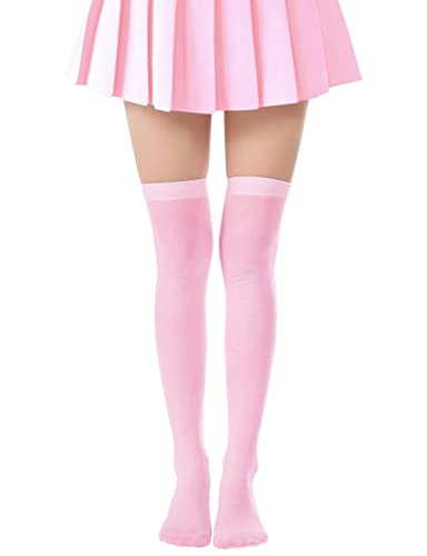 Lastclream Women Costume Thigh High Silk Stockings for Girls 80D Semi Opaque Over Knee Socks Cosplay Knee High Hosiery - Pink