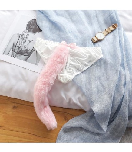 Kitten Tail Open Crotch Panties - White With Pink Tip