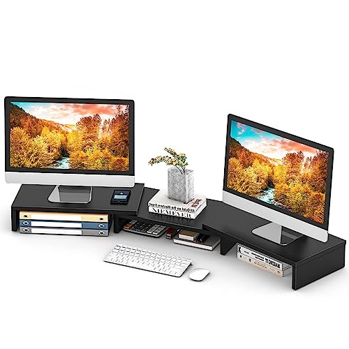 5Rcom Dual Monitor Stand/ Riser with 48.2" Adjustable Length and Angle, Desk Organizer, Computer Stand for Laptop Desktop, Black - Wood