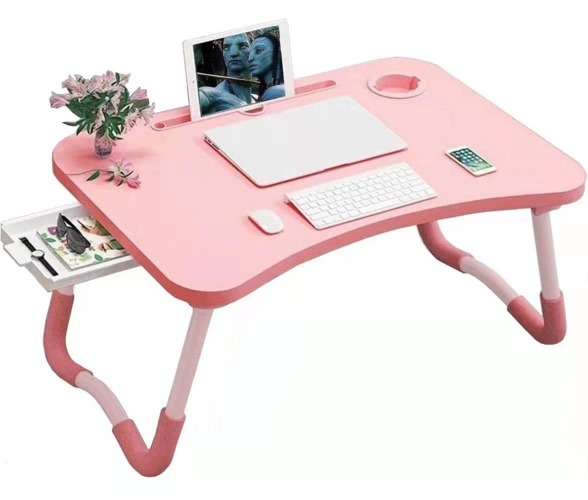 Foldable Bed Table for Laptop, Laptop Desk Table Stand, Laptop Bed Tray Table with Storage Drawer, Notebook Stand Lap Desk for Writing Reading Eating, Portable Laptop Table for Bed Sofa Floor-Pink - Pink