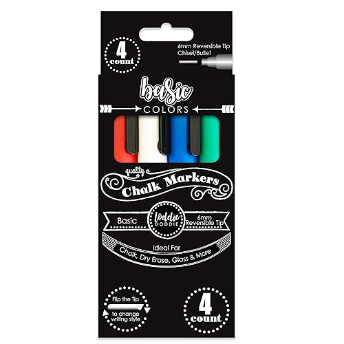 Loddie Doddie Liquid Chalk Markers - Pack of 4 Chalk Pens - Perfect for Chalkboards, Blackboards, Windows, Glass, Bistro | 6mm Reversible Bullet & Chisel Tip Erasable Ink (Basic Primary) - 1 Count (Pack of 4)