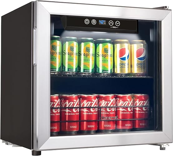 Honeywell Beverage Refrigerator and Cooler, 48 Can Mini Fridge with Glass Door for Soda Beer or Wine for Office or Bar with Adjustable Removable Shelving - 48 can