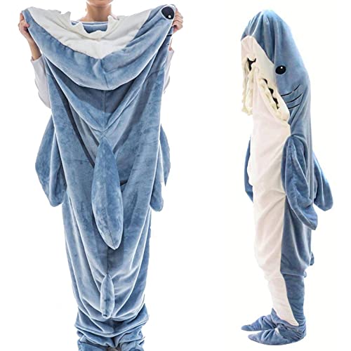 Shark Blanket Adult, Cute Shark Blanket Hoodie, Adult Shark Blanket, Wearable Shark Blanket Super Soft Comfortable Flannel Hoodie Sleeping Bag, Shark Onesie Blanket for Boys Girls - 67*27.5 Inches - Blue
