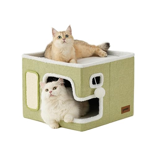 ZOMISIA Cat Beds for Indoor Cats - Large Cat House for Pet with Fluffy Ball Hanging and Scratch Pad, Foldable Cat Hideaway,16.5x16.5x13 inches, Green - Large - Green