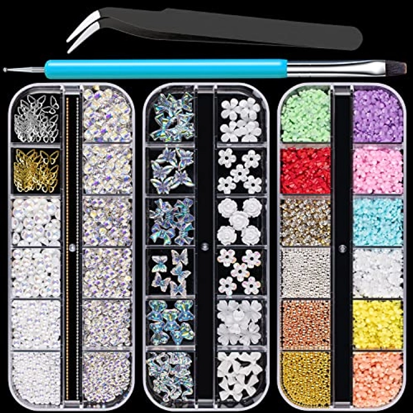 Mixed 3D Nail Art Gem Decoration Accessories Kit #1, Aurora Bear Bow Butterfly Starry AB Rhinestone Charm Jewelry for Deco, Pearl Flower Caviar Bead Stone Crystal with Dual-End Brush and Tweezer