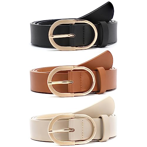 XZQTIVE 3 Pack Women's Leather Belts For Jeans Dresses Pants Fashion Ladies Waist Belt with Gold Buckle - 01 Black+brown+beige - Fit Waist 23-27 in