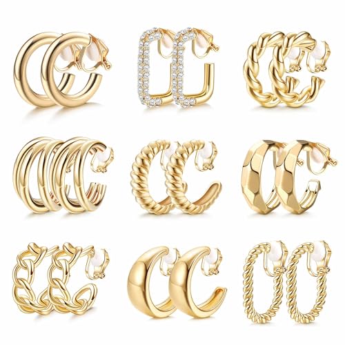 THUNARAZ Gold Clip on Earrings 14K Gold Plated Chunky Hoop Clip Earrings Trendy Clip on Hoop Earrings for Women Non-Pierced Fake Jewelry - Classic Clip Earrings