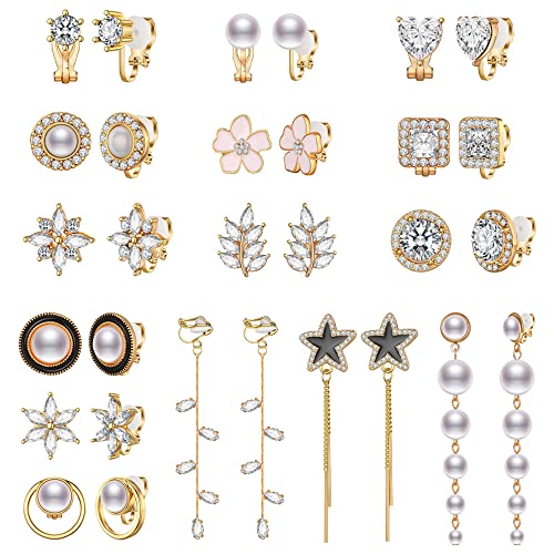 15 Pairs Gold Silver Clip on Earrings Set for Women Teen Girls CZ Simulated Pearl Clip on Earrings for Girls Hypoallergenic Non Pierced Earrings Jewelry Gift - Gold