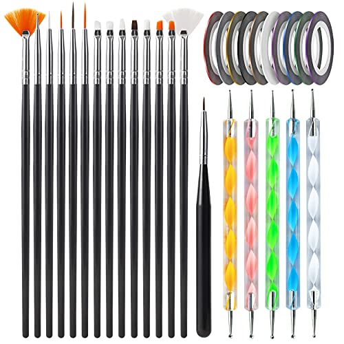 Artdone Nail Art Brushes set,Nail Art Tool Set,Nail Dotting Tools,Nail Dust Brush,Striping Nail Art Brushes for Long Lines,Nail Drawing Pen For Nail Design.… - 20pcs Black