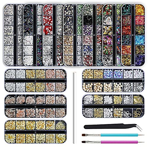 Artdone 12 boxes Nail Rhinestones,Nail Gems Nail Diamonds,Nail Art Studs Nail Crystals Nail Sequins for Nails Kit with 1 Tweezers and 3 Pen for Nail Art Supplies Accessories…… - 12boxes