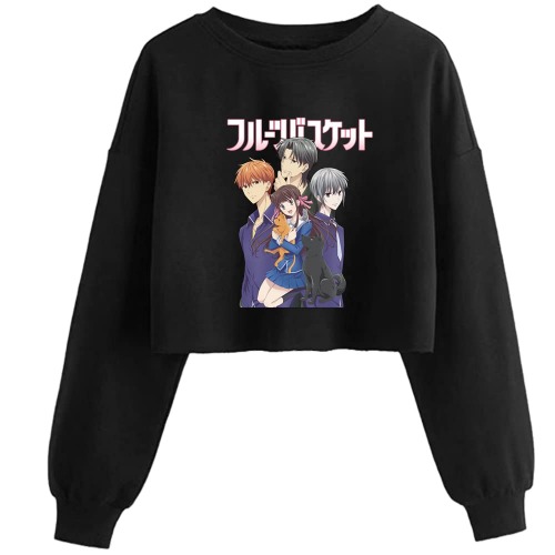 colanperd Anime Fruits Basket Womens Long Sleeve Crop Tops Sweatshirts Casual Loose Gym Yoga Shirts - Large Black1