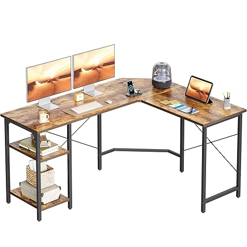 CubiCubi L Shaped Computer Desk, 150 cm Industrial Office Desk with Storage Shelves, White Wood and Metal Corner Desk for Home Office, Brown - Brown1 - 150 x 120 x 75 cm