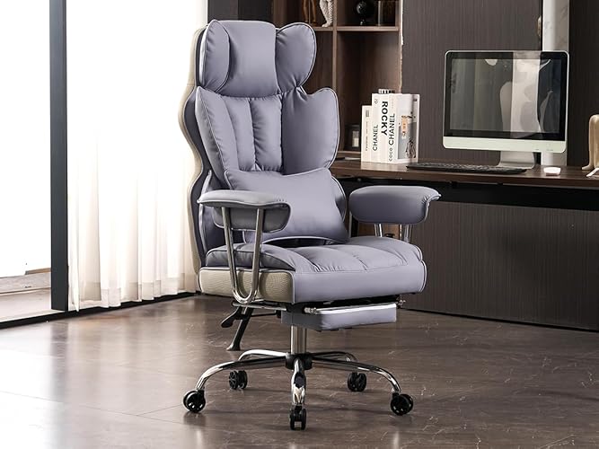 Efomao Desk Office Chair, PU Leather Ergonomic Office Chair,Adjustable Big High Back Computer Chair,Executive Swivel Chair with Footrest and Lumbar Support, LIGHT PURPLE Office Chair - Light Purple