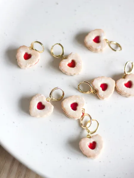 Handmade heart Jammy Biscuit huggie hoop earrings