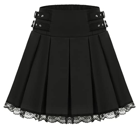 SCARLET DARKNESS Women Steampunk Lace Hem Mini Skirt Elastic Waist Buckle Strap A-Line Skirt - M - Lace Hem Black 205a22-2