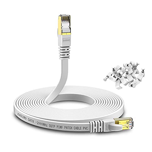KASIMO Cat 8 Flat Ethernet Cable 10M Internet LAN Cable with Cable Clips 40Gbps 2000MHz High Speed Network Patch Cable White SSTP Ethernet Cord with RJ45 Connector for Router Modem Switch Gaming Xbox - 10M - White