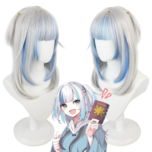 Anime Cosplay Wig, Gawr Gura Wig, Shark Girl Silver Mixed Blue Medium Cute Ponytails Curly With Wig Cap, for Halloween, Party, Carnival, Nightlife, Concerts, Weddings
