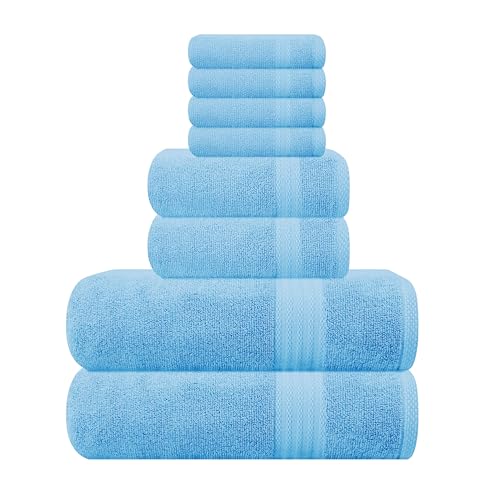 GLAMBURG Ultra Soft 8-Piece Towel Set - 100% Pure Cotton, Sky Blue - 8 Piece Towel Set - Sky Blue