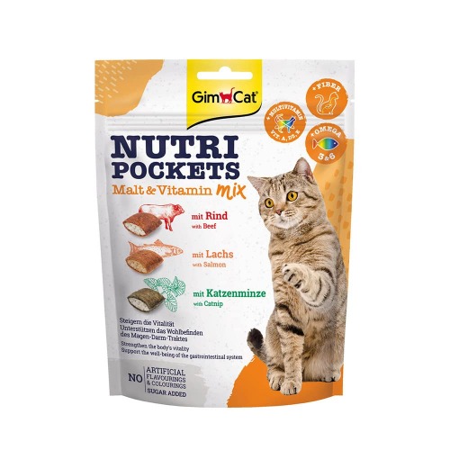 GimCat Nutri Pockets Malt & Vitamin Mix - Knaprigt kattgodis med krämig fyllning och funktionella ingredienser - 1 påse (1 x 150 g) - Malt & Vitamin Mix
