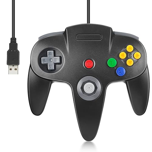 Wired USB N64 Controller, FISUPER Classic Video Game Controller USB Gamepad for Windows PC MAC Raspberry PI Retropie (Black) - Black