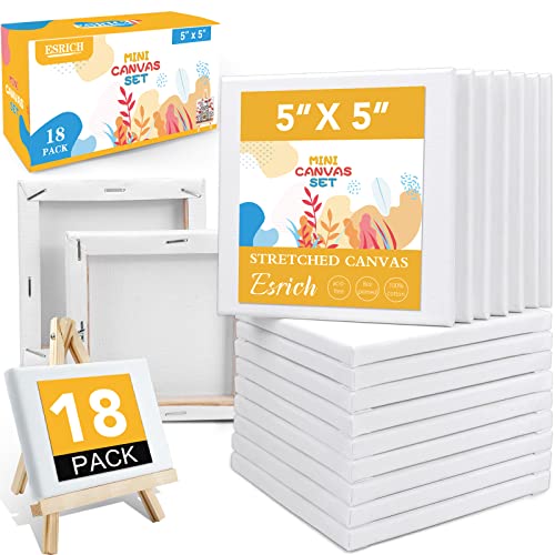 ESRICH Small Canvases for Painting, 5x5In Small Canvas in Bulk 18Pack, 2/5In Profile Small Painting Canvas, Blank Canvases are Great for School Projects and Kids Birthday Parties, Home Decor Project. - 18 Packs Stretched Canvas-5x5in