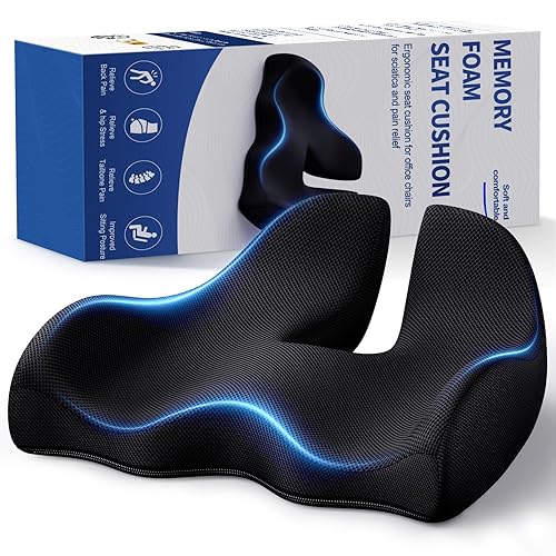 Benazcap Memory Seat Cushion for Office Chair Ergonomic Cushions Pad Pillow for Pressure Relief Sciatica & Pain Relief Memory Foam for Long Sitting for Gaming Chair and Car Seat Black - Black - X Large