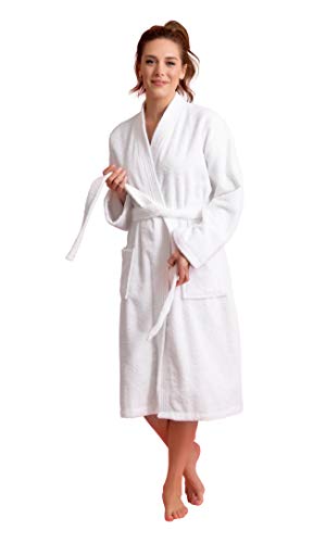 Soft Touch Linen Women's Robe Terry Cloth Kimono Bathrobe Thick 100% Cotton - Large - White