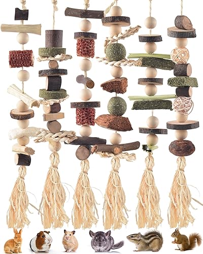 DBNESS 6PCS Bunny Chew Toys, Hamster Rabbit Cage Hanging Chew Toys, Natural Apple Wood Bunnies Treats, Improve Small Animal Teeth Health for Guinea Pig Chinchilla Ferret Rats Gerbil
