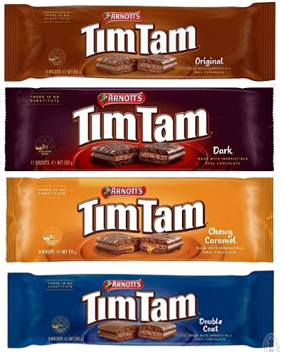Tim Tam Cookies Arnotts | Australian Classics Sampler (Original, Chewy Caramel, White, Dark) | 4 Pack Full Size