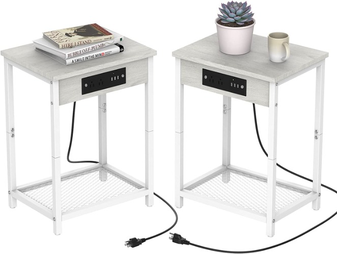 Nightstand Set of 2 with Charging Station, White End Table with USB Ports and AC Outlets, Modern Bedside Table Wood Night Stands Record Player Stand Table for Bedroom, Living Room - White 2 Pack